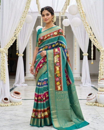 Dola Cotton Kalamkari Print Saree | Jacquard Kanjivaram Zari Border & Pallu | 9 Colours - Rosepetals Luxe
