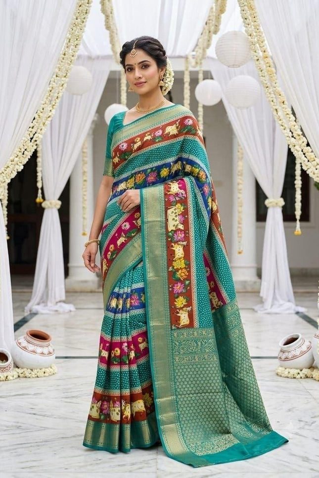 Dola Cotton Kalamkari Print Saree | Jacquard Kanjivaram Zari Border & Pallu | 9 Colours - Rosepetals Luxe