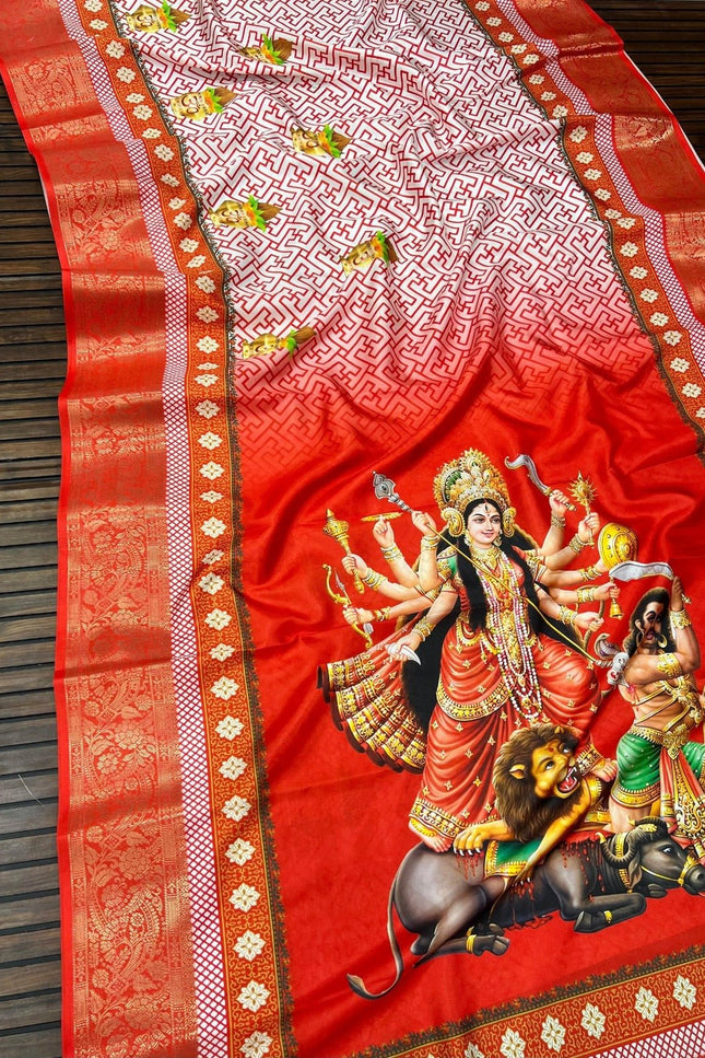 Durga Puja Lichi Silk Printed Saree - Rosepetals Luxe