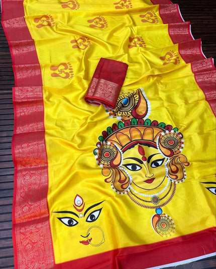 Durga Puja Lichi Silk Printed Saree - Rosepetals Luxe