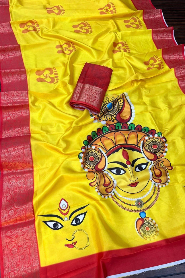 Durga Puja Lichi Silk Printed Saree - Rosepetals Luxe