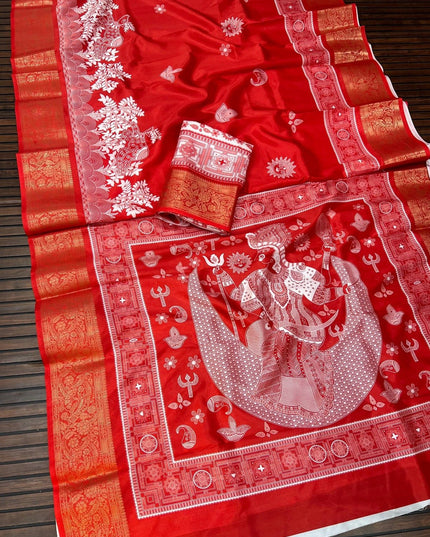Durga Puja Lichi Silk Printed Saree - Rosepetals Luxe