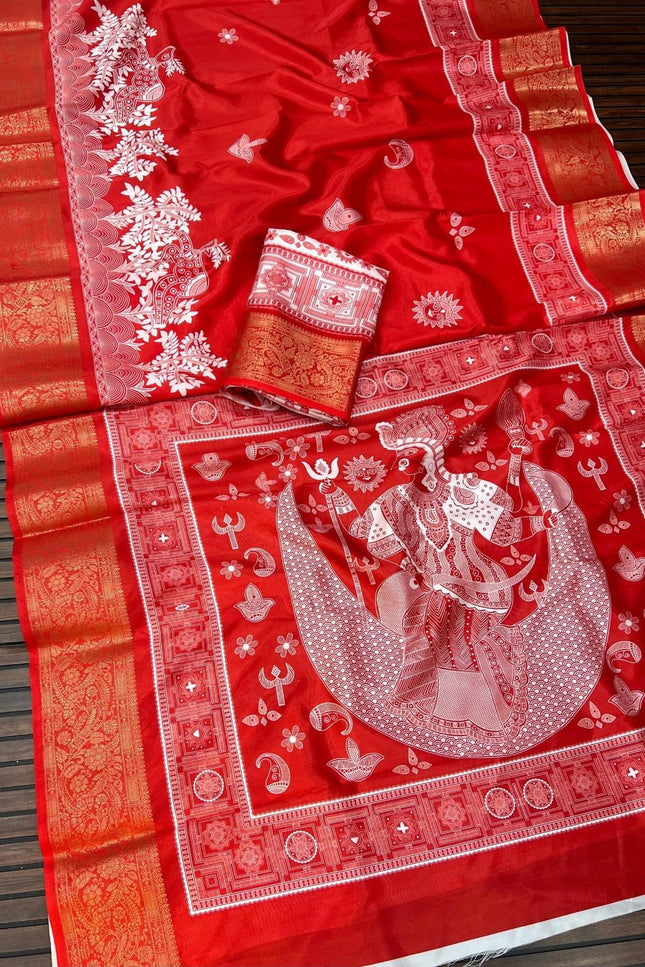 Durga Puja Lichi Silk Printed Saree - Rosepetals Luxe