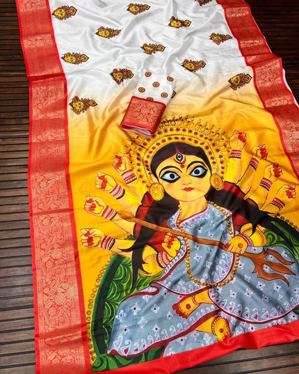 Durga Puja Lichi Silk Printed Saree - Rosepetals Luxe