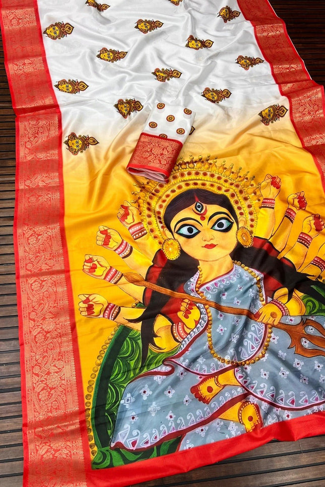 Durga Puja Lichi Silk Printed Saree - Rosepetals Luxe