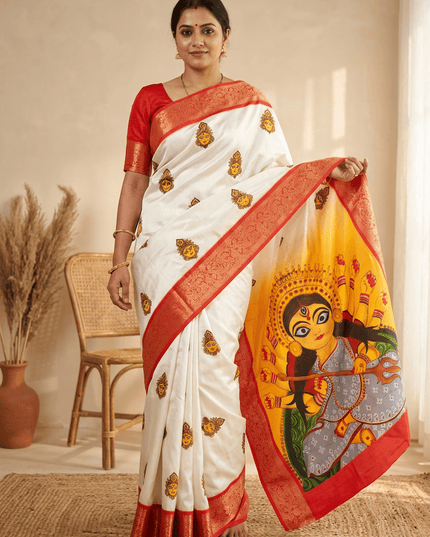 Durga Puja Lichi Silk Printed Saree - Rosepetals Luxe