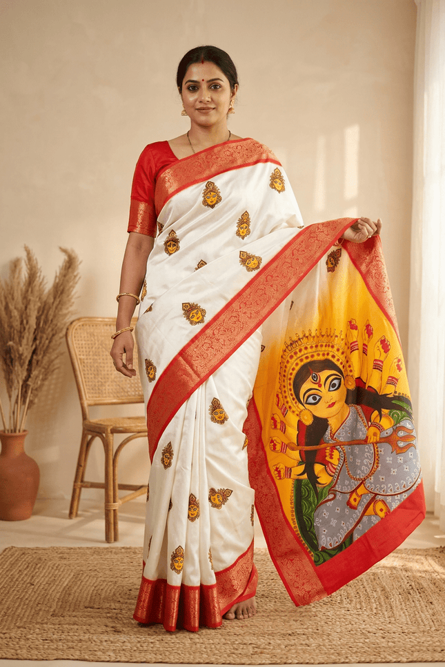 Durga Puja Lichi Silk Printed Saree - Rosepetals Luxe