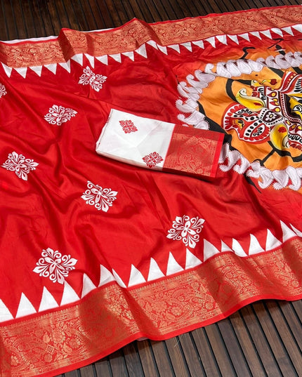 Durga Puja Lichi Silk Printed Saree - Rosepetals Luxe