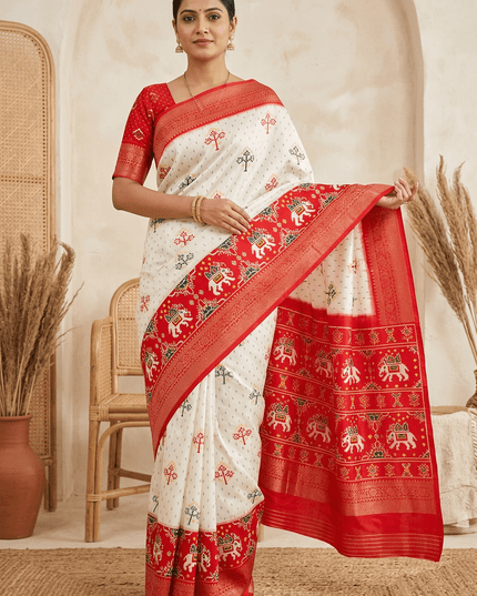Durga Puja Lichi Silk Printed Saree - Rosepetals Luxe