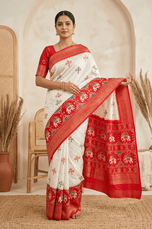 Durga Puja Lichi Silk Printed Saree - Rosepetals Luxe