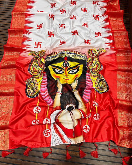 Durga Puja Lichi Silk Printed Saree - Rosepetals Luxe