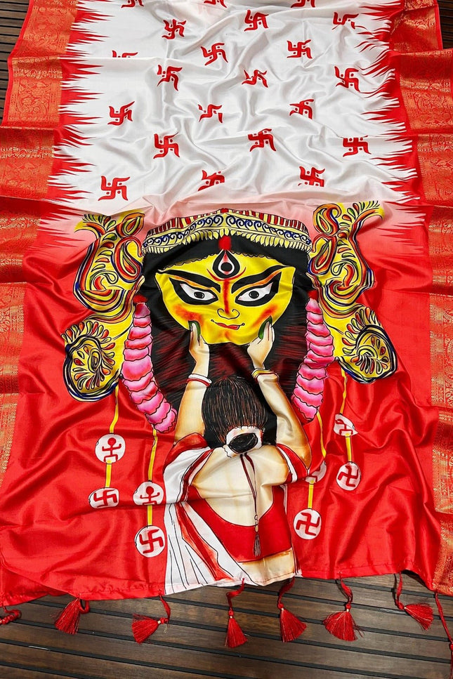 Durga Puja Lichi Silk Printed Saree - Rosepetals Luxe