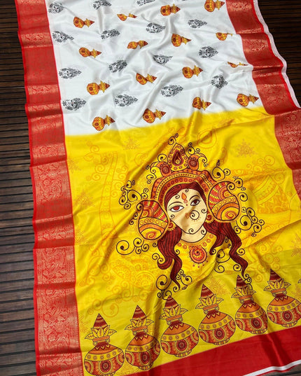 Durga Puja Lichi Silk Printed Saree - Rosepetals Luxe