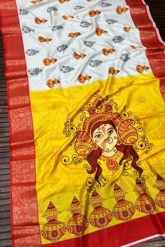 Durga Puja Lichi Silk Printed Saree - Rosepetals Luxe