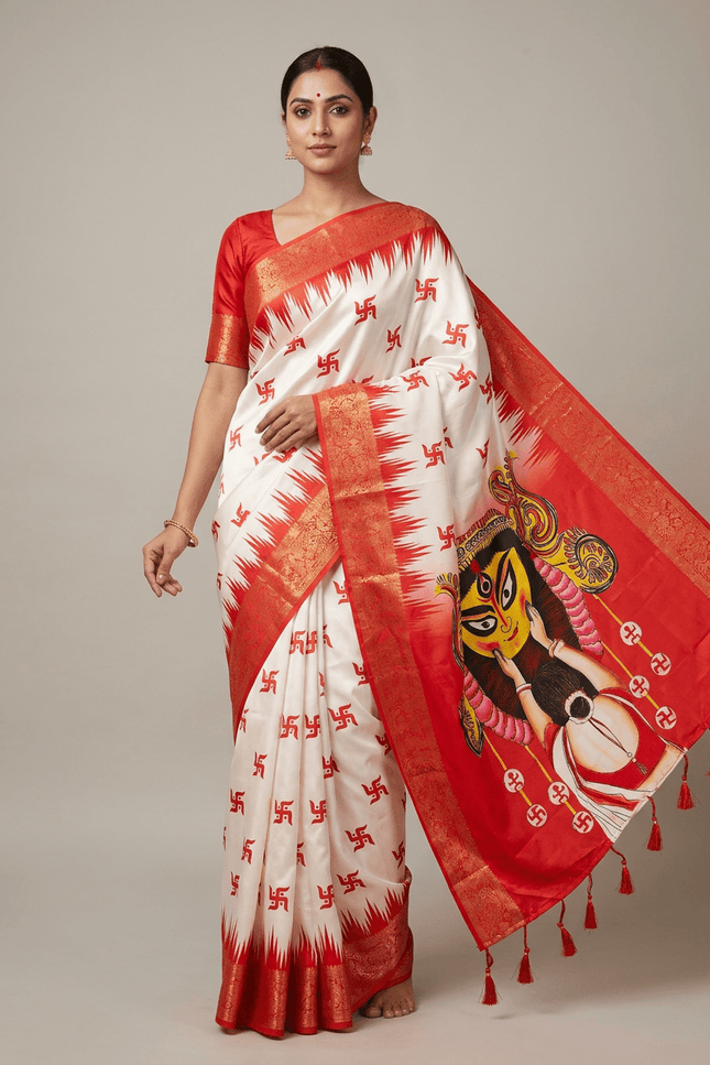 Durga Puja Lichi Silk Printed Saree - Rosepetals Luxe