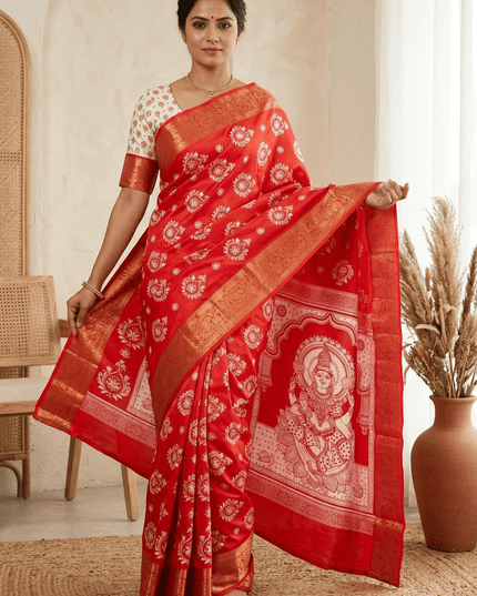Durga Puja Lichi Silk Printed Saree - Rosepetals Luxe