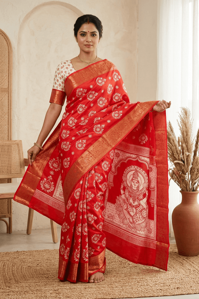 Durga Puja Lichi Silk Printed Saree - Rosepetals Luxe