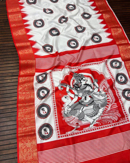 Durga Puja Lichi Silk Printed Saree - Rosepetals Luxe