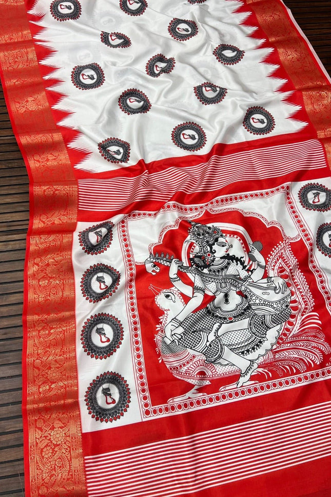 Durga Puja Lichi Silk Printed Saree - Rosepetals Luxe