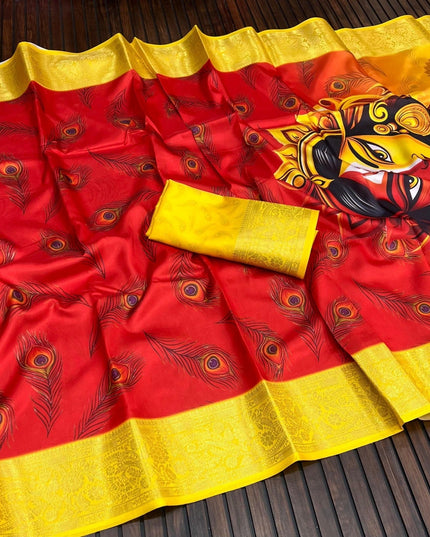 Durga Puja Lichi Silk Printed Saree - Rosepetals Luxe
