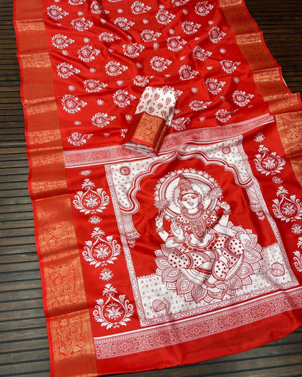Durga Puja Lichi Silk Printed Saree - Rosepetals Luxe