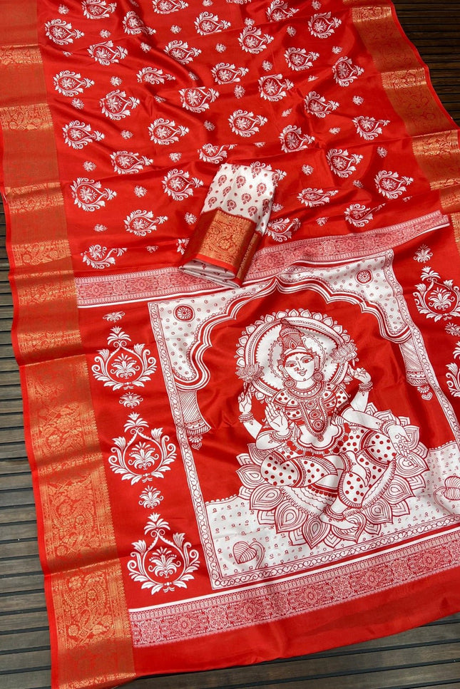 Durga Puja Lichi Silk Printed Saree - Rosepetals Luxe