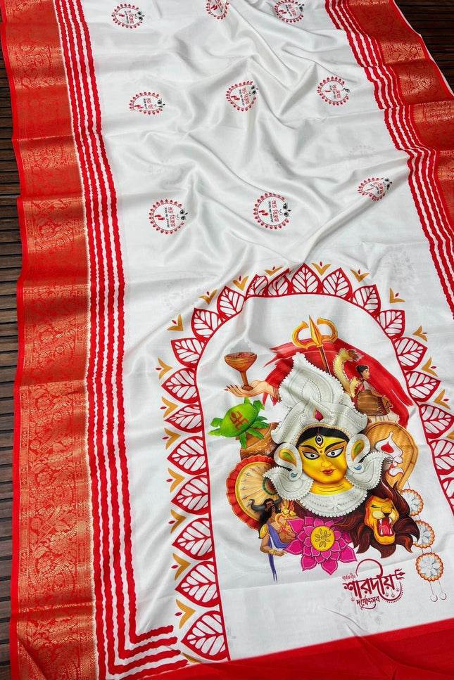 Durga Puja Lichi Silk Printed Saree - Rosepetals Luxe
