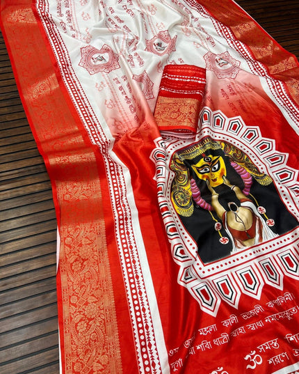 Durga Puja Lichi Silk Printed Saree - Rosepetals Luxe