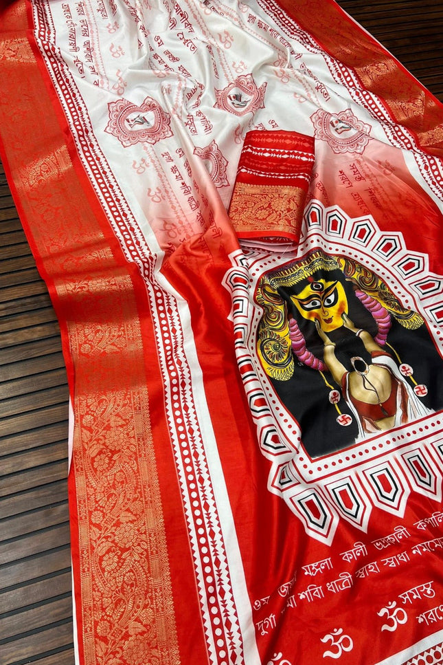 Durga Puja Lichi Silk Printed Saree - Rosepetals Luxe