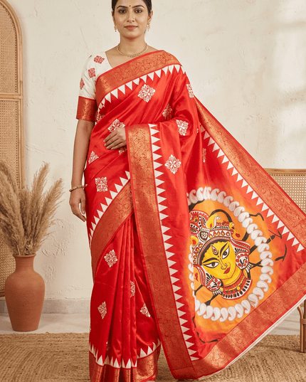 Durga Puja Lichi Silk Printed Saree - Rosepetals Luxe