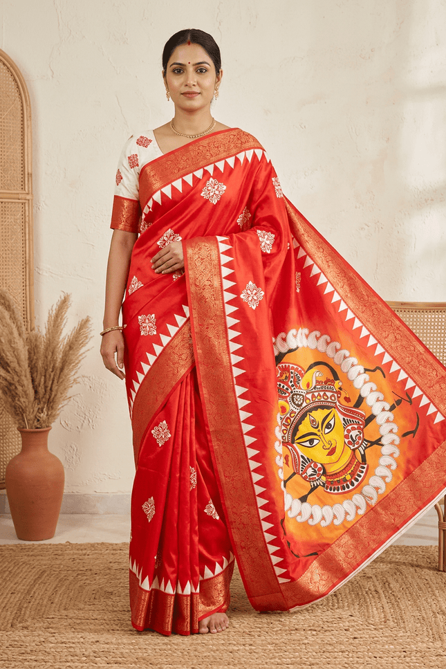 Durga Puja Lichi Silk Printed Saree - Rosepetals Luxe