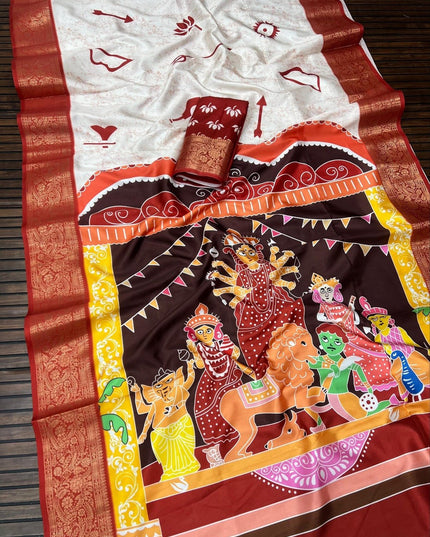 Durga Puja Lichi Silk Printed Saree - Rosepetals Luxe