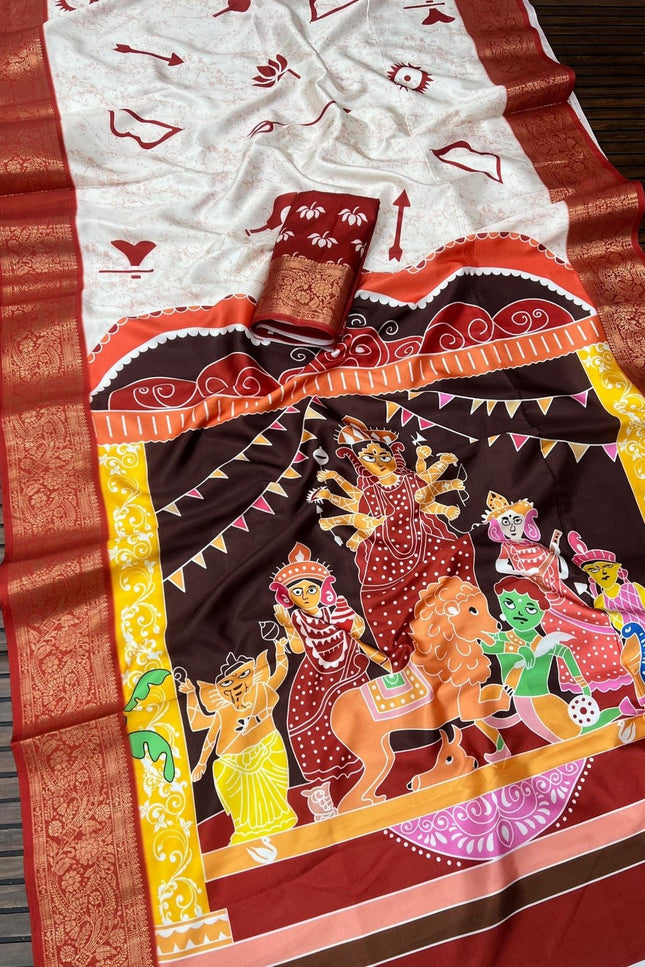 Durga Puja Lichi Silk Printed Saree - Rosepetals Luxe