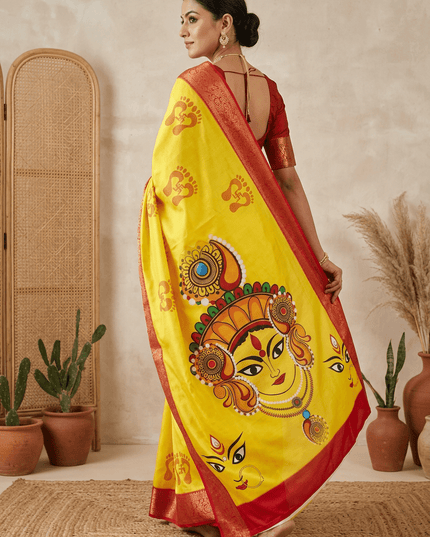 Durga Puja Lichi Silk Printed Saree - Rosepetals Luxe