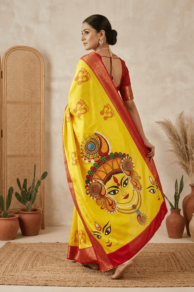 Durga Puja Lichi Silk Printed Saree - Rosepetals Luxe