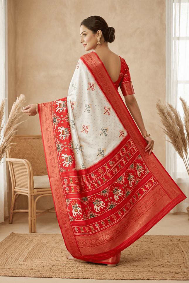 Durga Puja Lichi Silk Printed Saree - Rosepetals Luxe