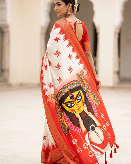 Durga Puja Lichi Silk Printed Saree - Rosepetals Luxe