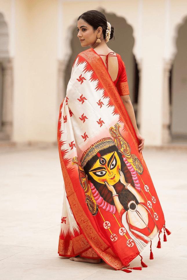 Durga Puja Lichi Silk Printed Saree - Rosepetals Luxe