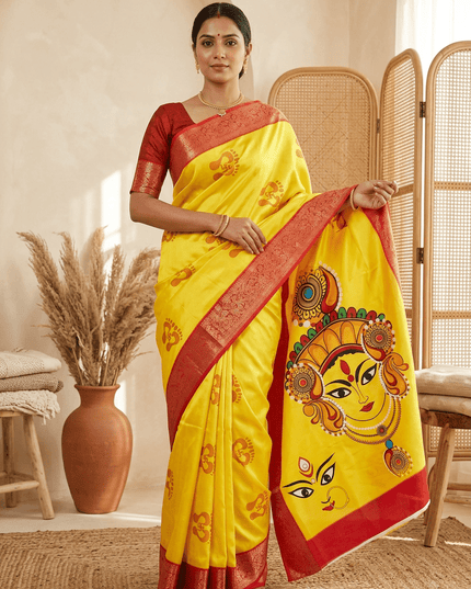 Durga Puja Lichi Silk Printed Saree - Rosepetals Luxe