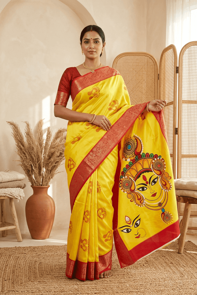 Durga Puja Lichi Silk Printed Saree - Rosepetals Luxe