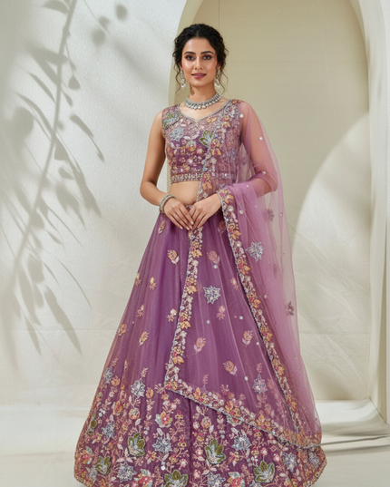 Semi-Stitched Fandy Lehenga Choli | Zari Badla Sequence Embroidery & Net Dupatta - Rosepetals Luxe