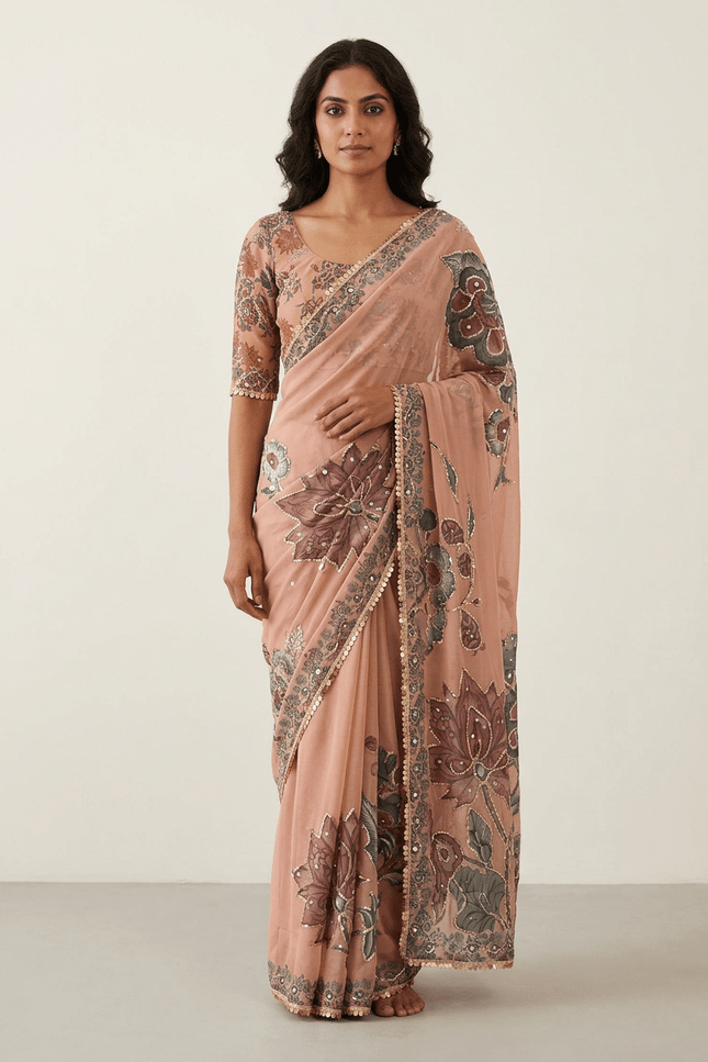 Dusty Rose Georgette Mirror Work Saree - Rosepetals Luxe