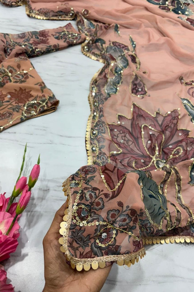 Dusty Rose Georgette Mirror Work Saree - Rosepetals Luxe