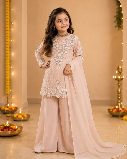 Girls Designer Sequin Embroidery Party Wear Top Palazzo and Dupatta Set
