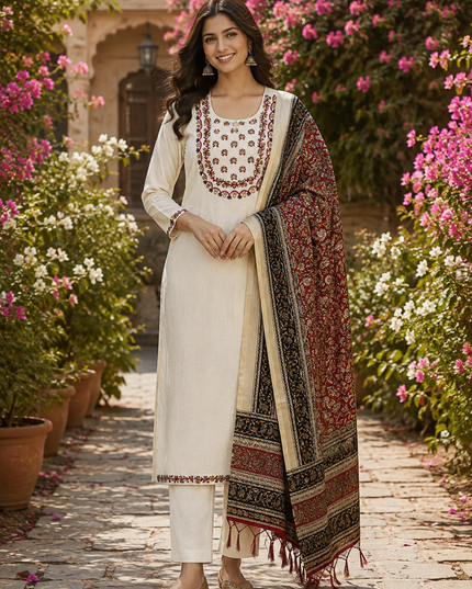 Premium Khadi Cotton Embroidered Kurti Pant Set with Bhagalpuri Khadi Printed Dupatta
