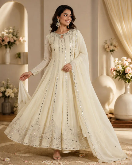 Festive Georgette Gown with Lehenga and Dupatta | Sequence Embroidery and Real Mirror Work Designer Ethnic Set