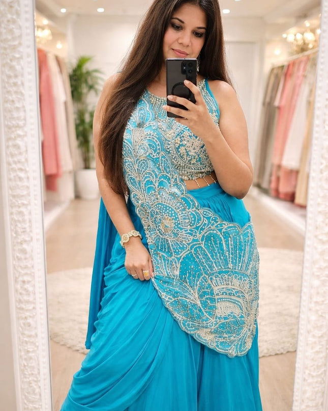 Easy to Wear Lehenga Saree | Rangoli Silk With Multi Thread Embroidery Sequence - Rosepetals Luxe