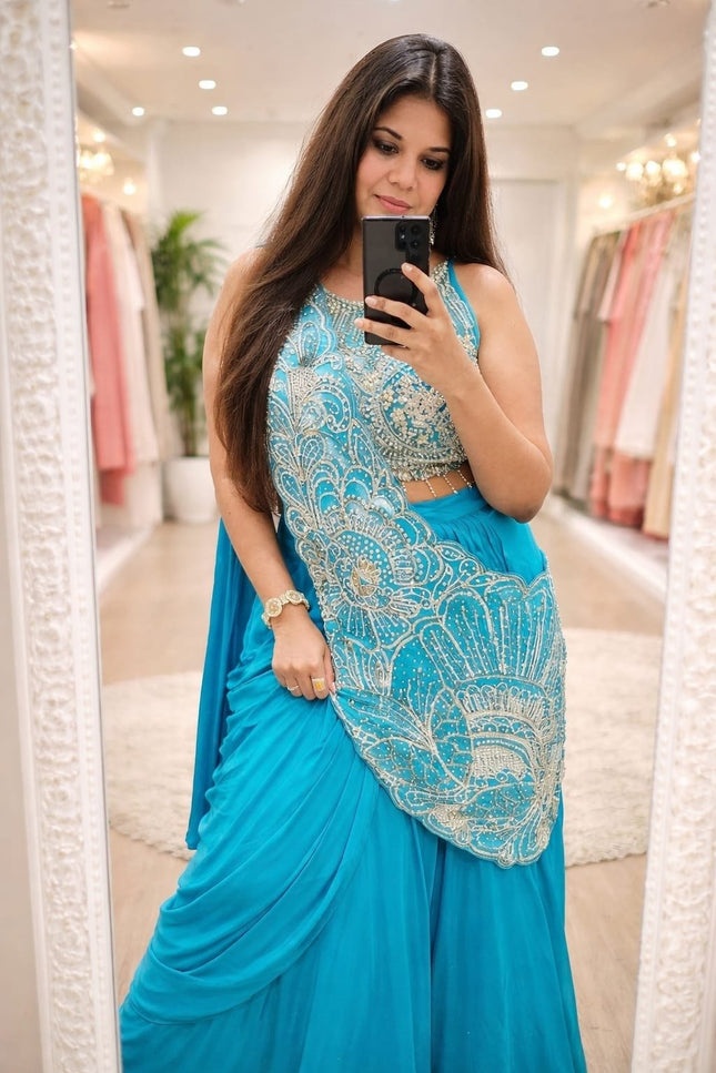 Easy to Wear Lehenga Saree | Rangoli Silk With Multi Thread Embroidery Sequence - Rosepetals Luxe