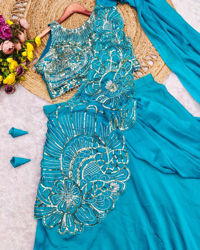 Easy to Wear Lehenga Saree | Rangoli Silk With Multi Thread Embroidery Sequence - Rosepetals Luxe