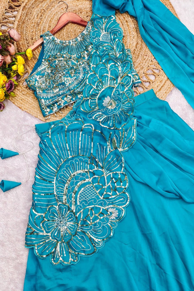 Easy to Wear Lehenga Saree | Rangoli Silk With Multi Thread Embroidery Sequence - Rosepetals Luxe